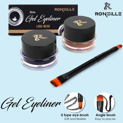 Ronzille 36Hr Waterproof And Smudge Proof Long Wear Gel Eyeliner With Brush - Black And Brown