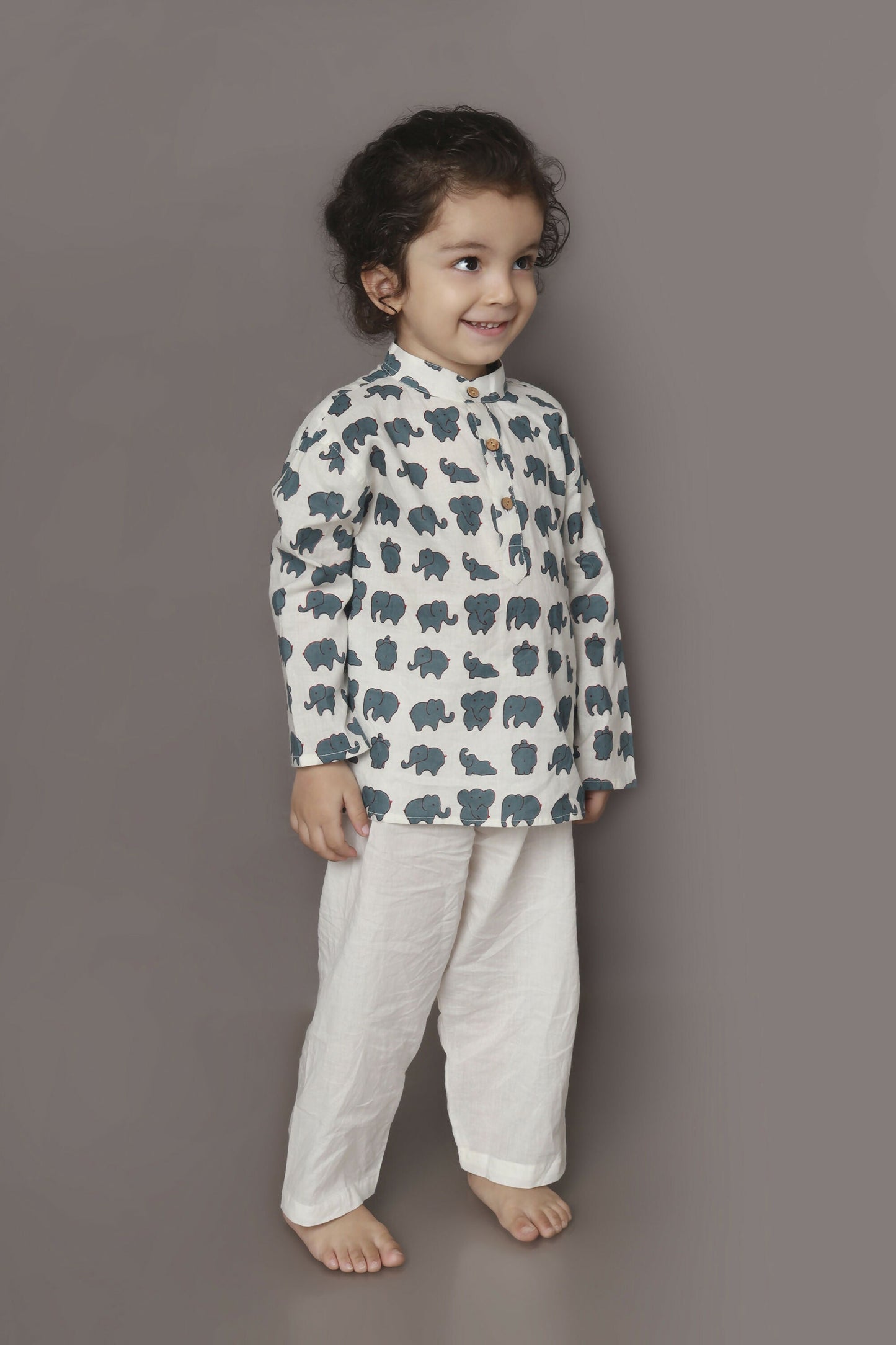 Breathables Kids Cotton Night Suit  White Elephant Print Kurta & Pyjama Co-Ord Set For Boys & Girls