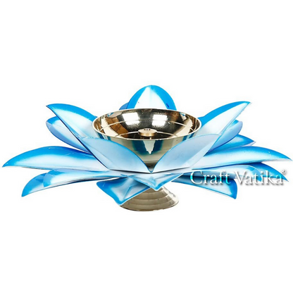 CraftVatika Brass Diya Oil Lamp Stand Lotus Kamal Patti Diyas - Sky Blue