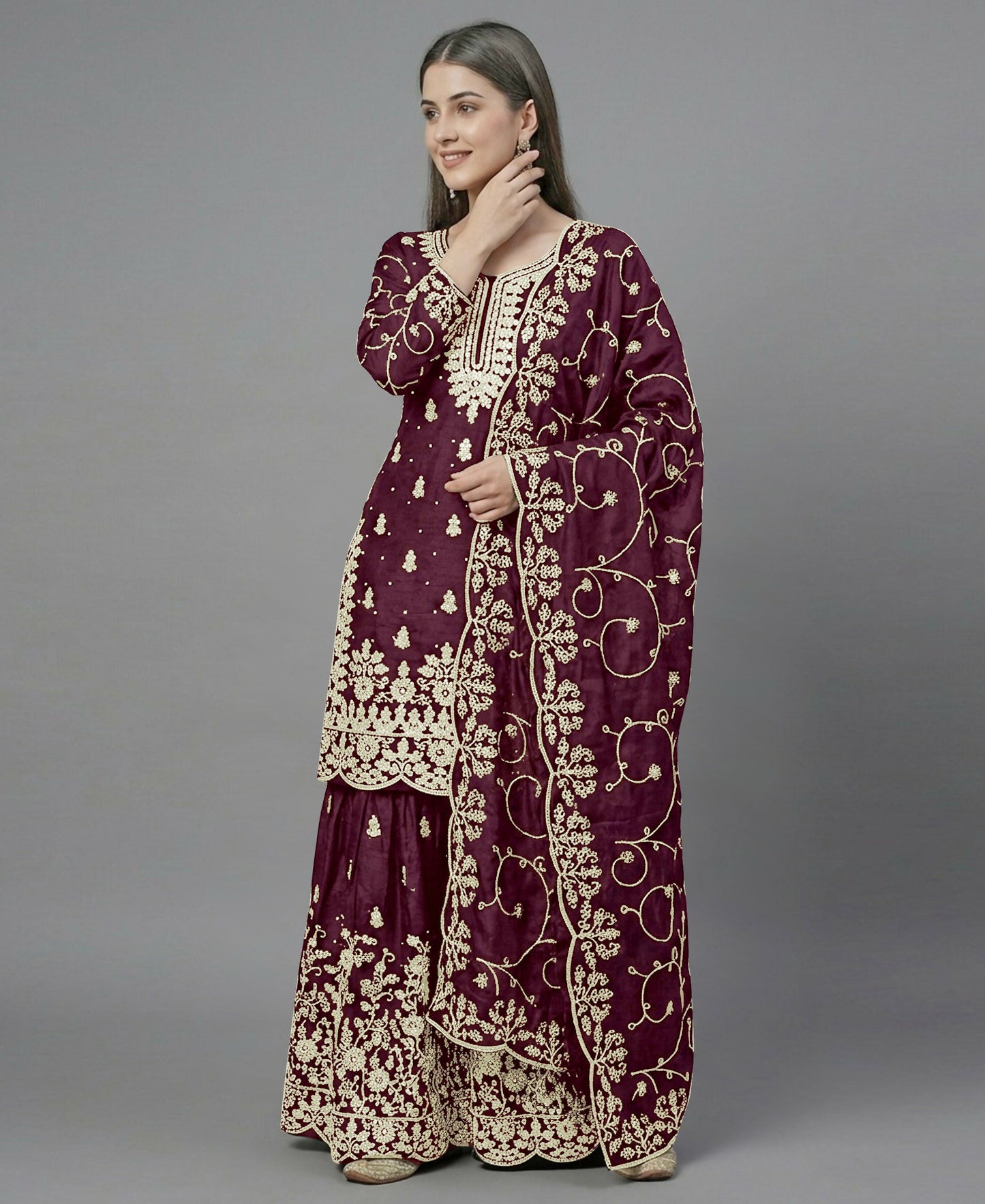 Teeya Creation Womens New Trendy Pure Gmy Silk With Heavy Embroidery Sequence Work Purple Kurta Set