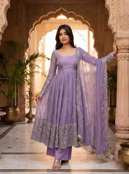 Teeya Creation Designer Lavender Ethnic Suit Set With Heavy Embroidery And Dupatta