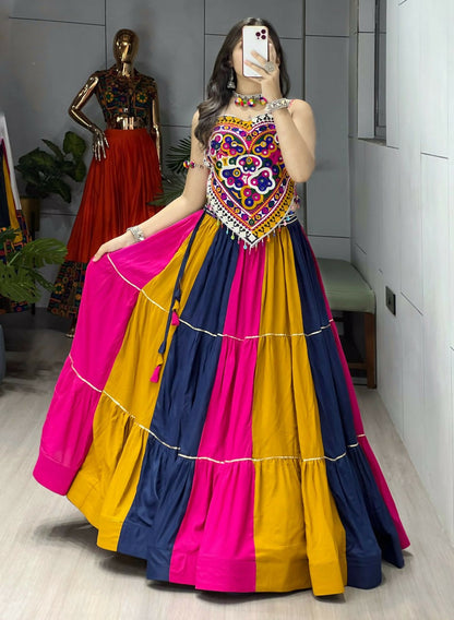 Yash Enterprise Multi Color Rayon Cotton Embroidery Semi Stitched Navratri Top Chaniya Choli
