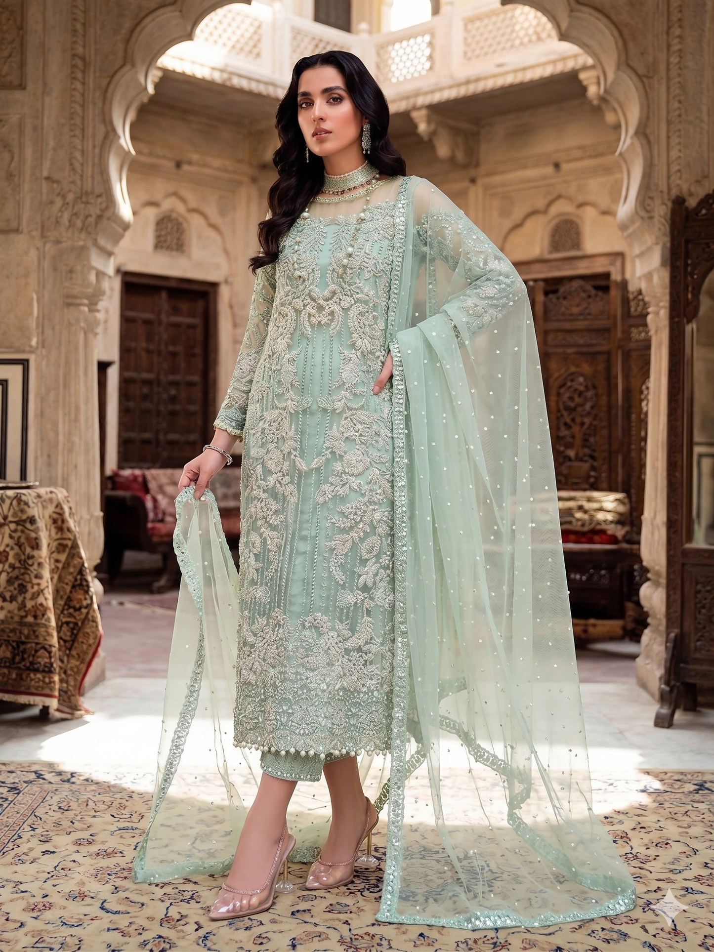 Teeya Creation Womens New Soft Net With Heavy Embroiedery With Sequence Work Light-Green Kurta Set