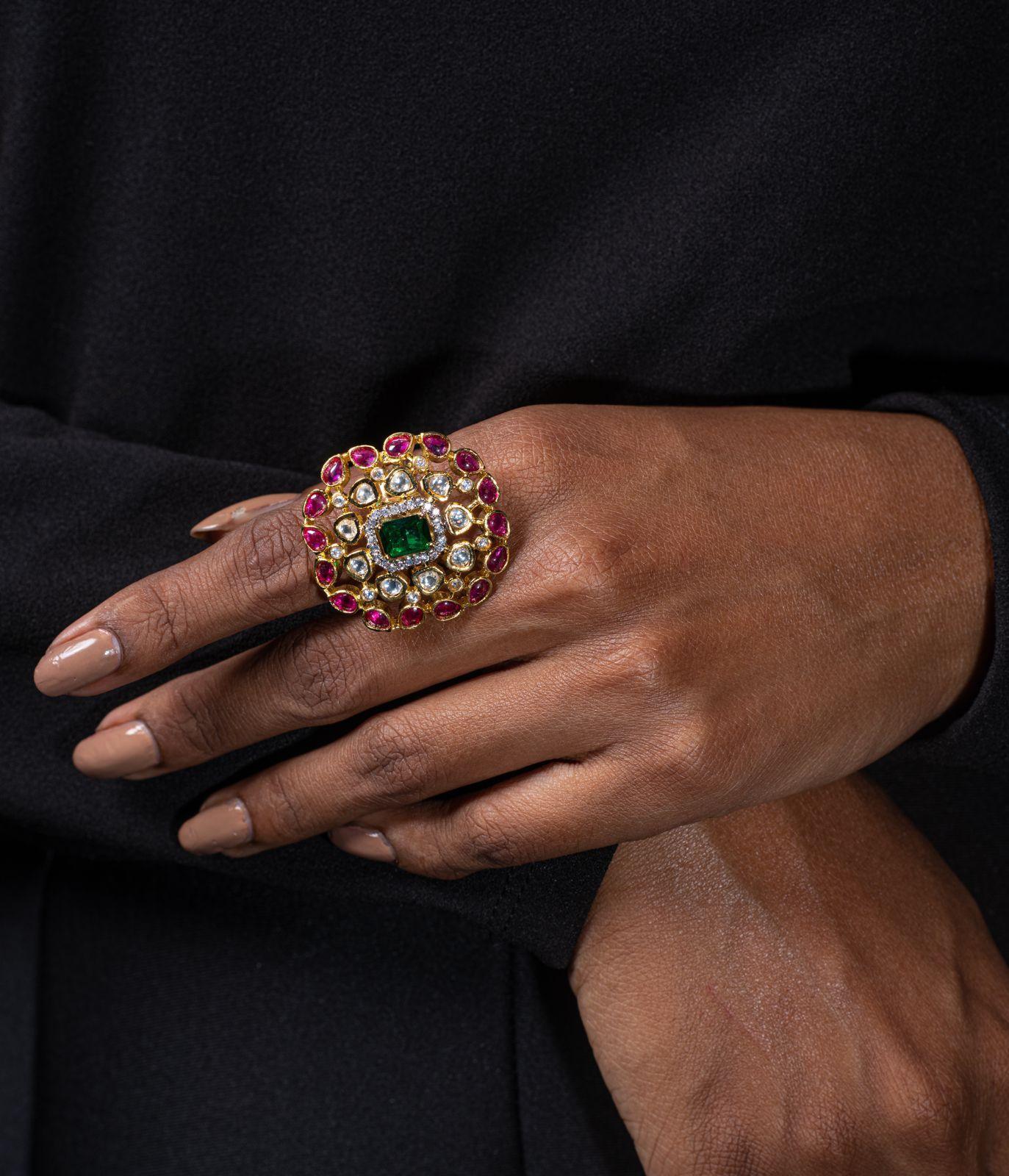 Uncut Polki Rudra Ruby and Emerald Ring