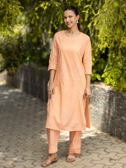 Gharana India Mul Cotton 2 Pc Peach Chikankari Kurta Set