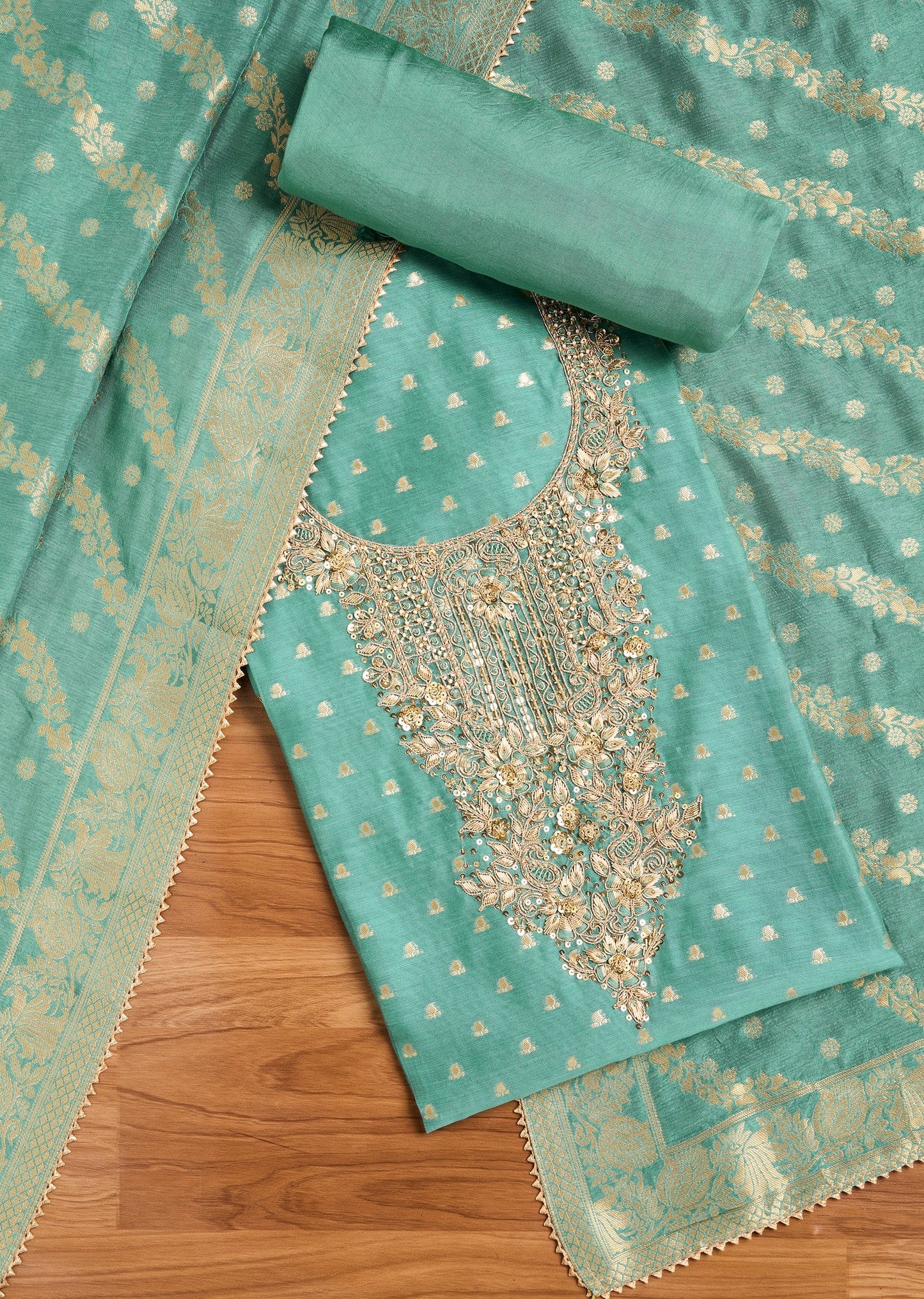 Unstitched Blue Chanderi Suit with Matching Dupatta