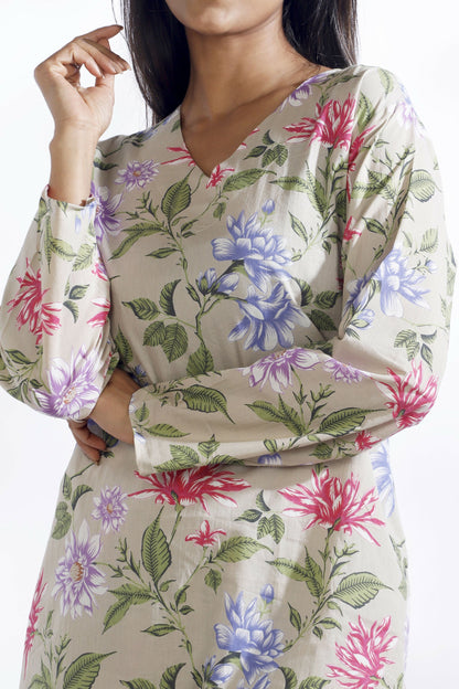 Breathables WomenS Loungewear Long Kurta Co-Ord Set Cotton Cream Floral Print