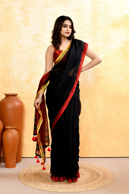 Piyari Fashion Women's Black Embellished Handloom Cotton Saree