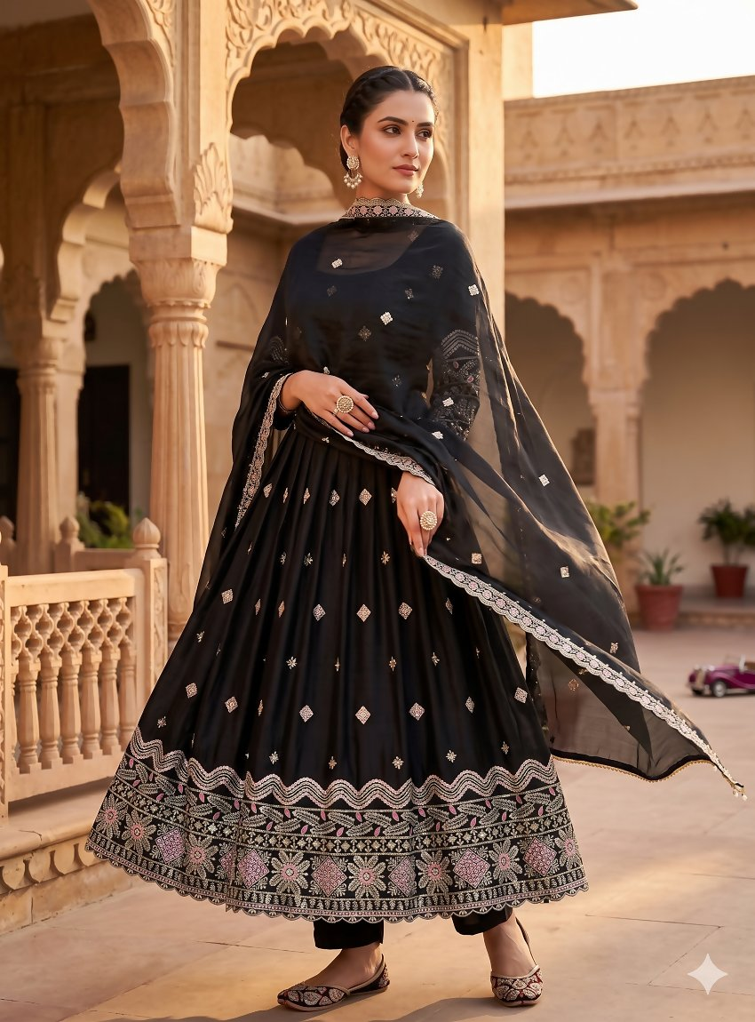 Teeya Creation Premium Black Ethnic Kurti With Sharara And Embellished Dupatta Set