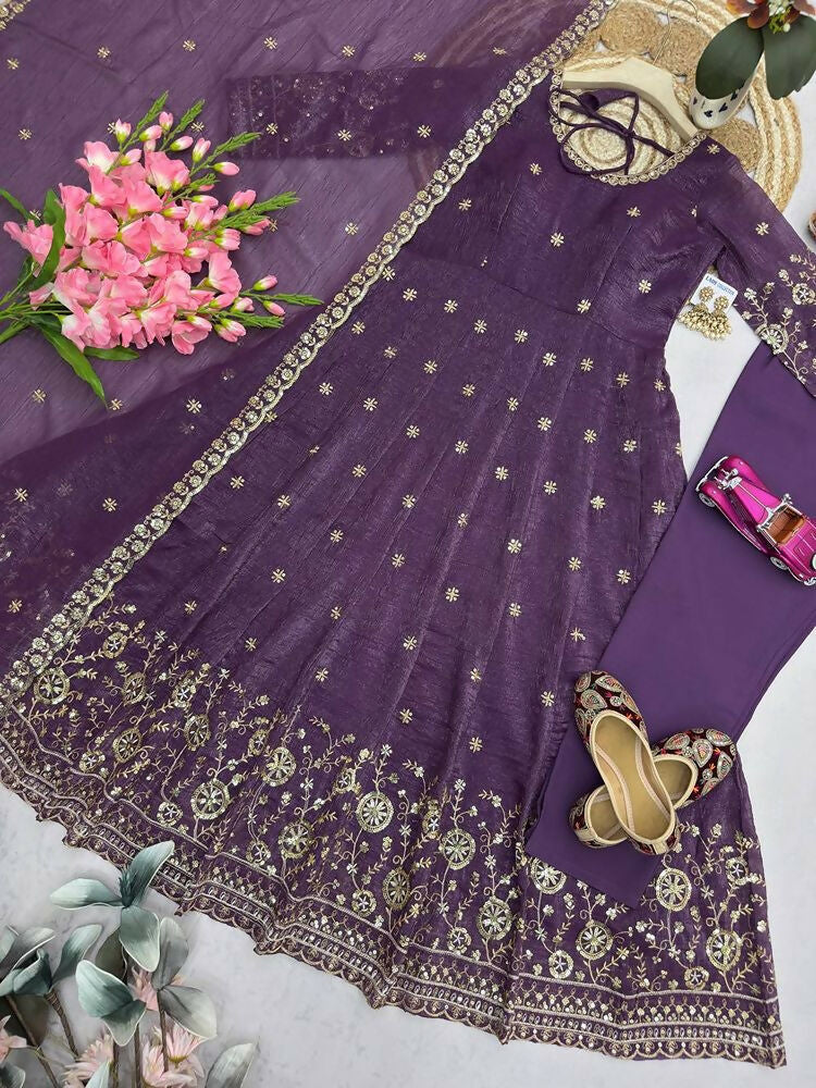 Teeya Creation New Stylish Trendy Elegant Purple Embroidered Anarkali Suit with Dupatta