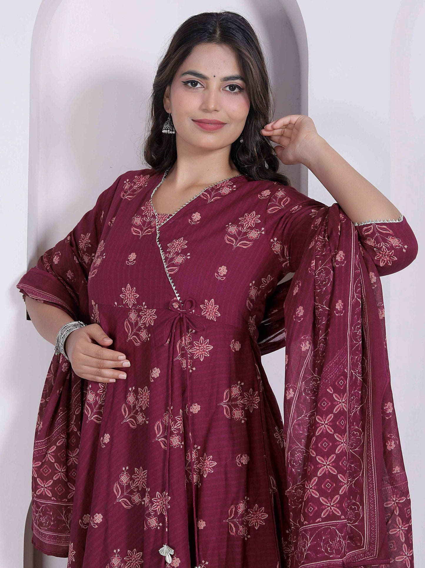 Miravan Womens Maroon Floral Printed Angrakha Pure Cotton Kurta And Dupatta