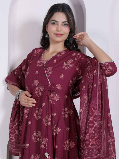 Miravan Womens Maroon Floral Printed Angrakha Pure Cotton Kurta And Dupatta