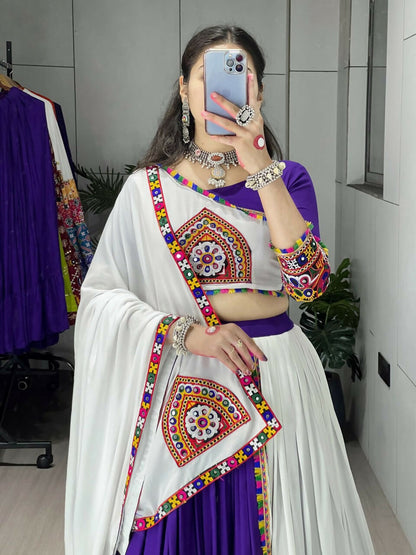 Yash Enterprise Purple White Rayon Cotton Embroidery Semi Stitched Navratri Top Chaniya Choli