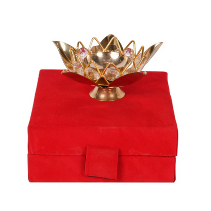 CraftVatika Brass Crystal Lotus Shape Diya Deepak With Gift Box