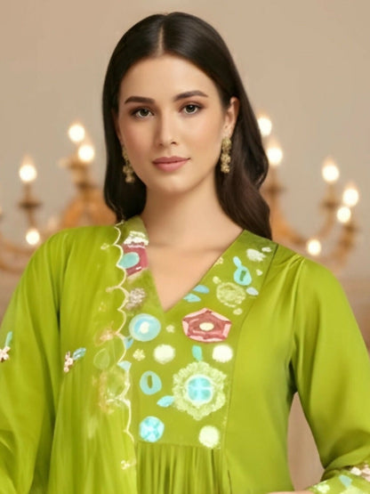 The52 Women's Beautiful Embroidery Work Viscose Silk Fabric Flared Kurta Pant and Dupatta Set-Liril