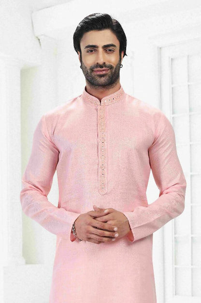 Raivat Ethnic Linen Cotton Thread Work Kurta Pajama In Pink Colour