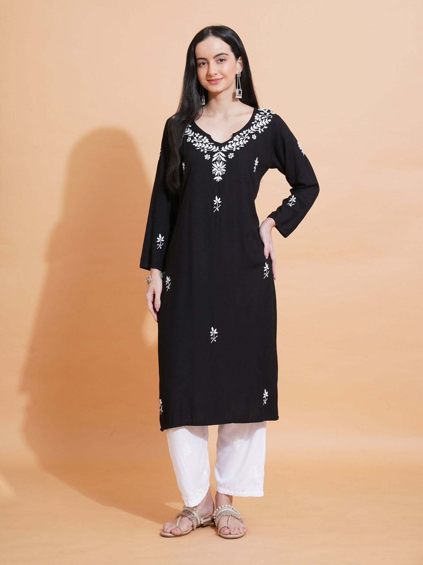 Pahnaz Luxury Rayon Chikankari Long Kurti-Black