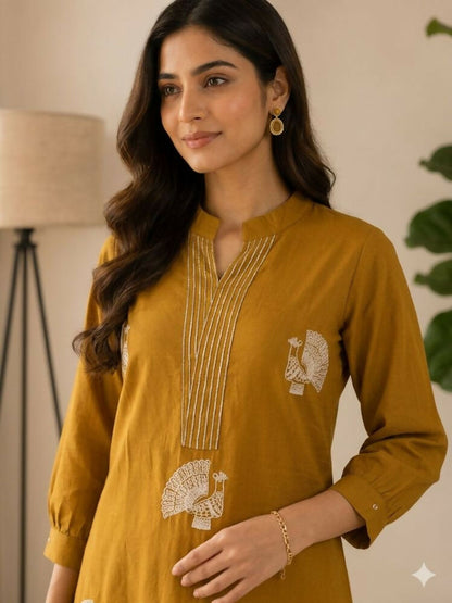 Teeya Creation Women Mustard Cotton Printed Kurta with Trousers Co-ord Set