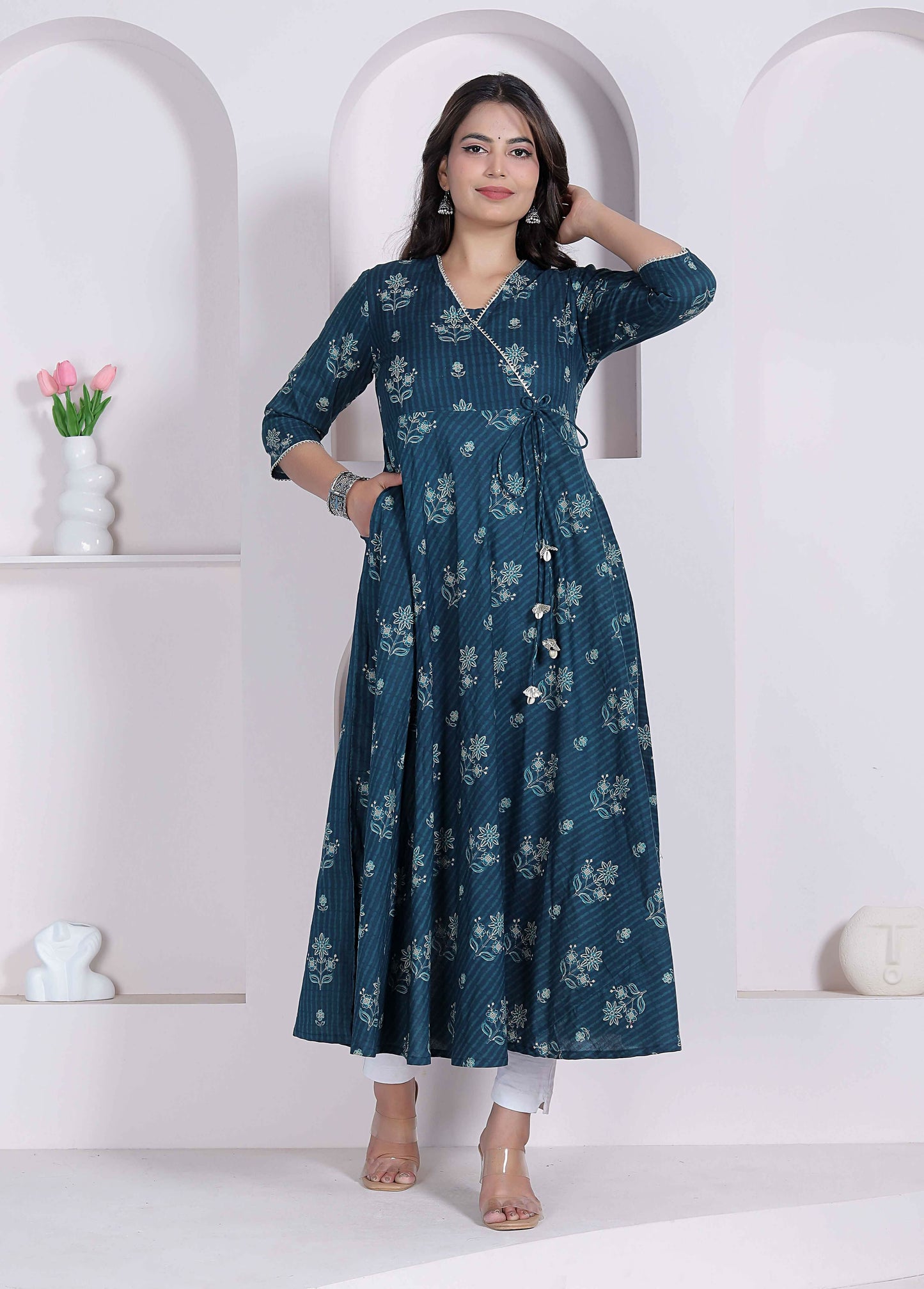Miravan Womens Blue Ethnic Motifs Printed V-Neck Cotton Angrakha Kurta