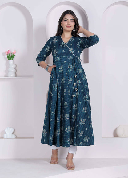 Miravan Womens Blue Ethnic Motifs Printed V-Neck Cotton Angrakha Kurta