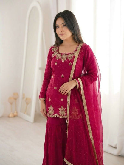 Teeya Creation Womens New Fancy Embroidery Sequence Work With Zarkan Diamond Work Pink Kurta Set