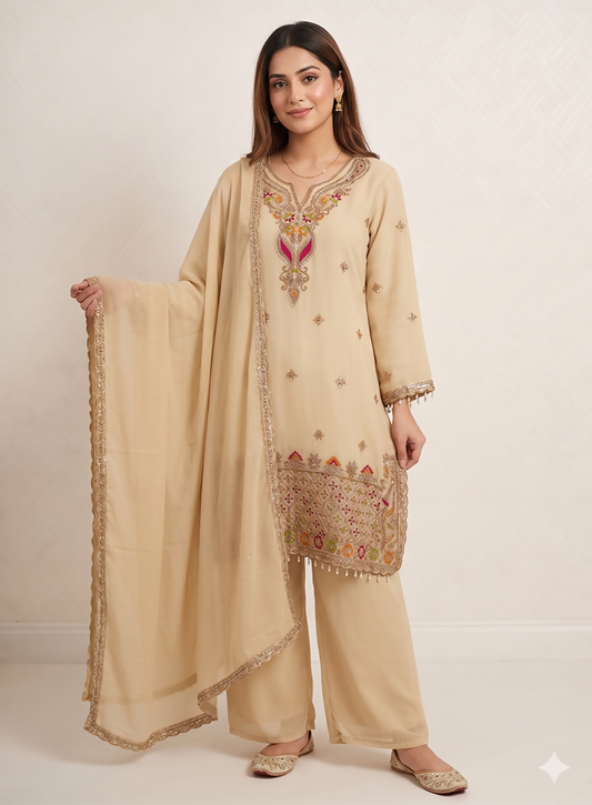 Teeya Creation Designer Beige Festive Palazzo Suit Set with Heavy Embroidery
