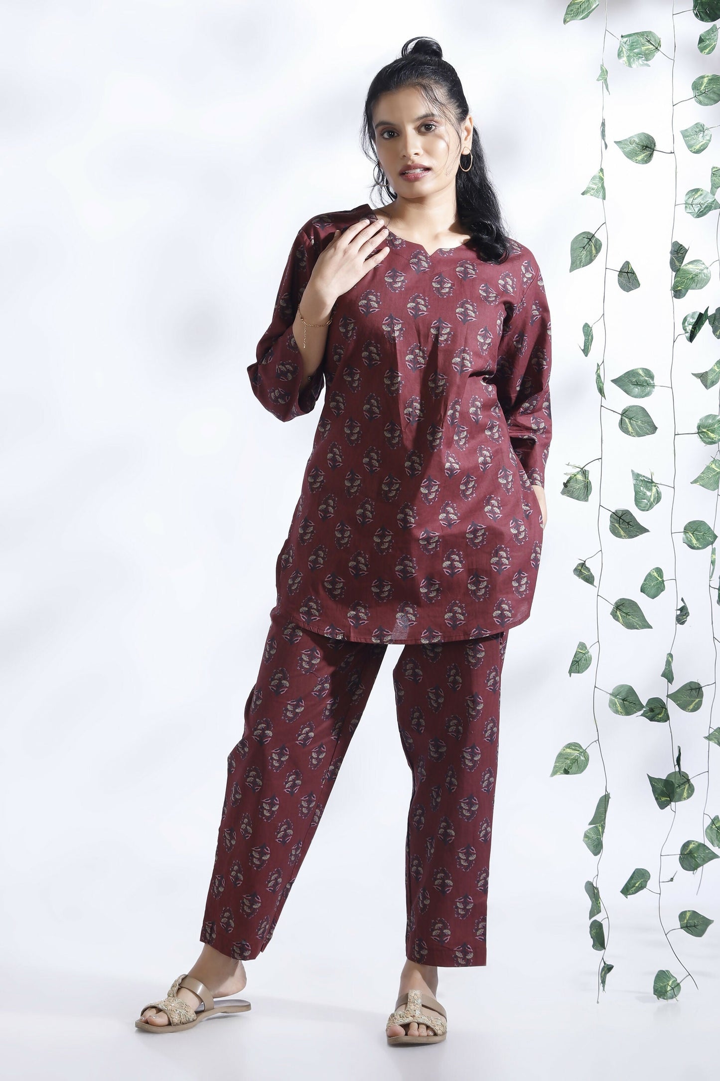 Breathables Butta Print Cotton Co-Ord Set  Wine
