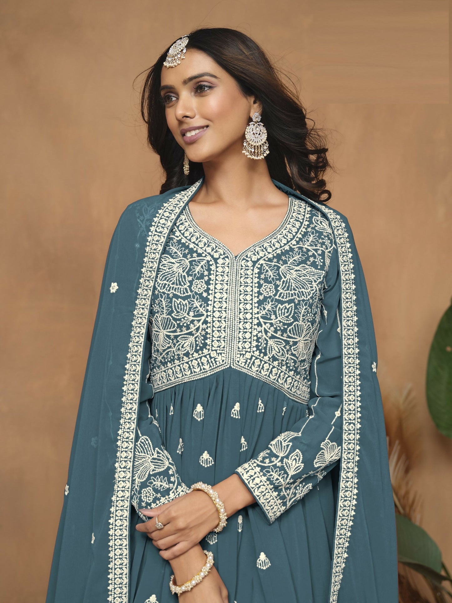 Anaita Teal Embroidered Faux Georgette Sharara Suit