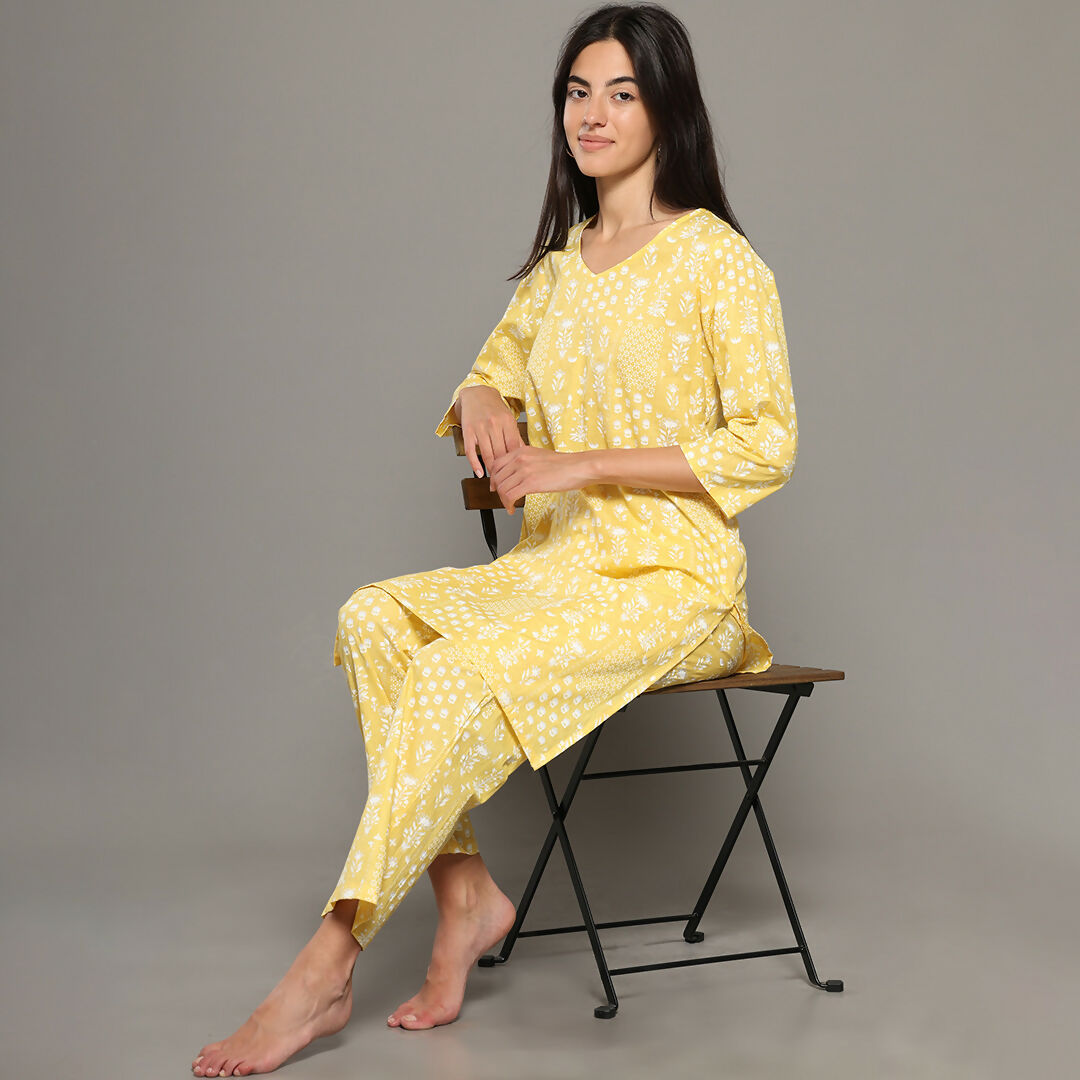 Breathables Women Cotton Printed Loungewear Kurta And Pants Co-Ord Set Yellow I Nightwear | Abstract Print