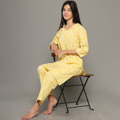 Breathables Women Cotton Printed Loungewear Kurta And Pants Co-Ord Set Yellow I Nightwear | Abstract Print