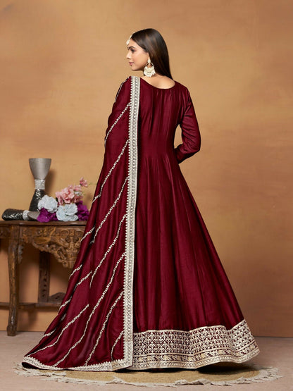 Anaita Maroon Embroidered Art Silk Anarkali Suit
