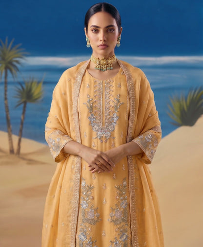 KC Heavy Chiffon Silk Yellow Hand Embroidered Straight Suit For Women Wedding