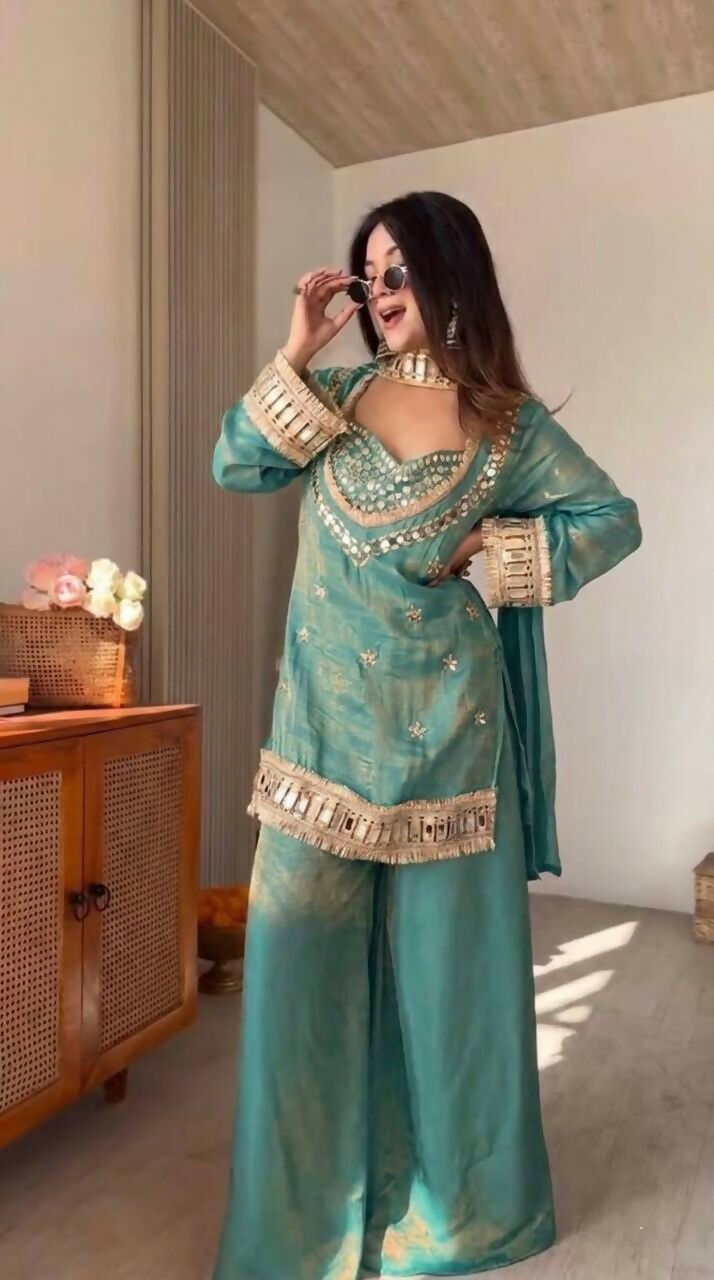 Teeya Creation New Trendy Stylish Real Mirror Work With Lace Border Teal Kurta Set