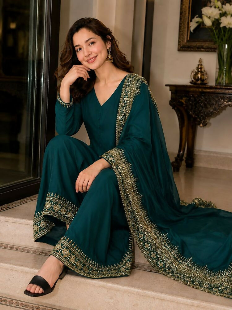 Teeya Creation New Latest Stylish Classic Rama Festive Kurta Set with Gold Zari Border Palazzo and Dupatta