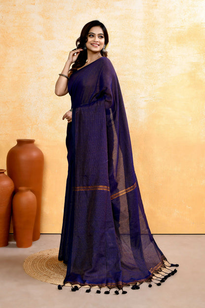 Piyari Fashion Women's Navy Blue Embellished Cotton Blend Zari Check Handloom Saree