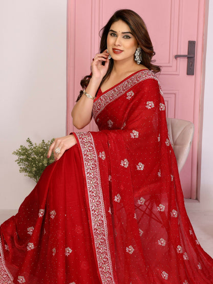 Teeya Creation New Womens Latest Party Wear Soft Chiffon Silk Saree-Red