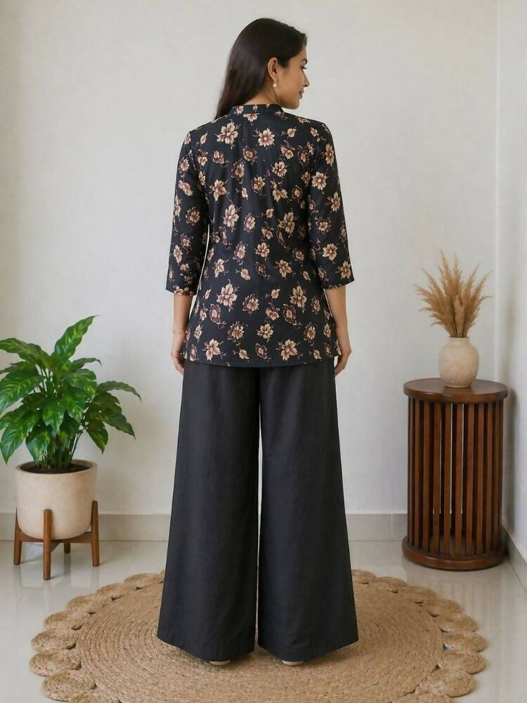 Teeya Creation Women Black & Beige Floral Printed Cotton Kurti with Black Wide-Leg Palazzo Set