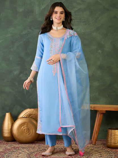The52 Women's Gorgeous Embroidery Work Viscose Silk Fabric Straight Kurta Pant and Dupatta Set