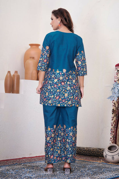 Teeya Creation Teal Blue Floral Printed Short Kurta With Straight Pants Co-Ord Set