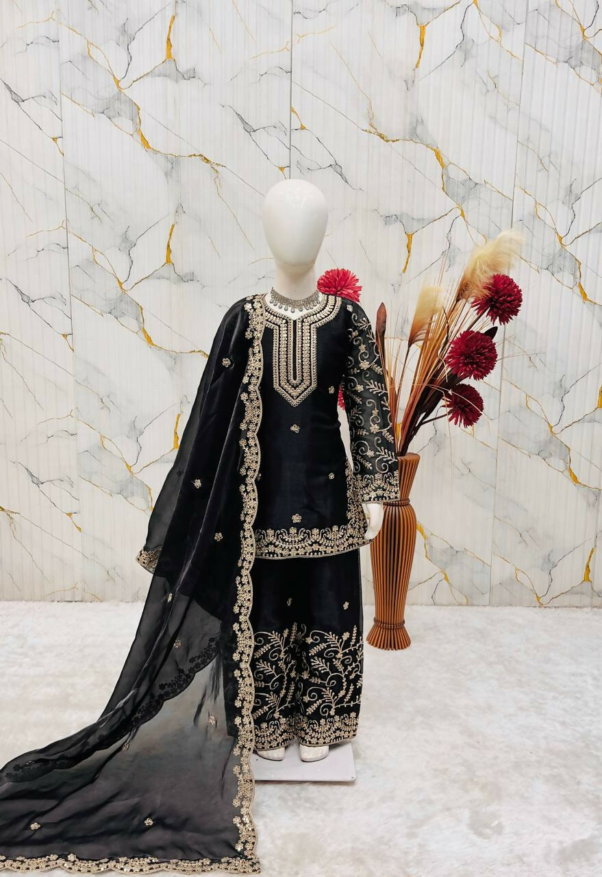Teeya Creation New Kids Wedding Wear Heavy Embroidery Sequence Work Kurta Sharara Set-Black
