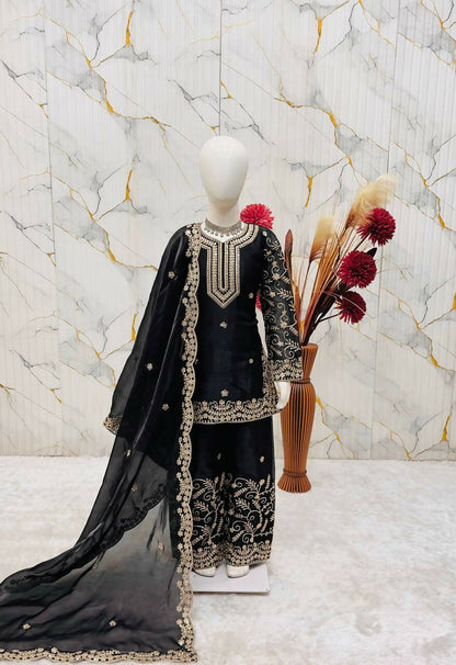 Teeya Creation New Kids Wedding Wear Heavy Embroidery Sequence Work Kurta Sharara Set-Black