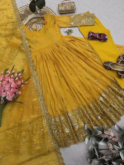 Teeya Creation Elegant Mustard Yellow Solid Silk Anarkali Suit with Dupatta