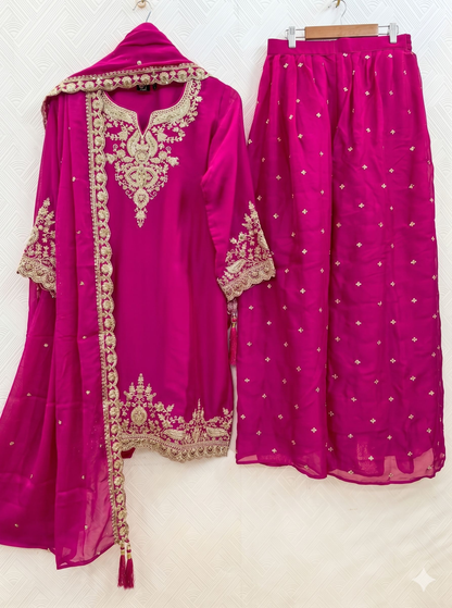 Teeya Creation Womens New Stylish Silk Embroidered Pink Sharara Suit With Golden Zari Work And Lace Border Dupatta