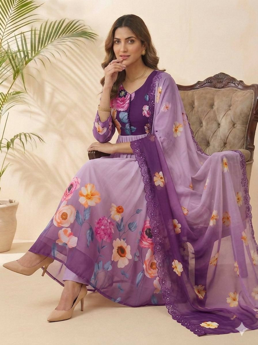 Teeya Creation Womens New Fancy Fox Georgette Heavy Quality Fabric With Handwork Purple Gown Set