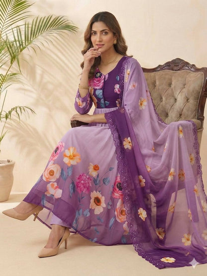 Teeya Creation Womens New Fancy Fox Georgette Heavy Quality Fabric With Handwork Purple Gown Set