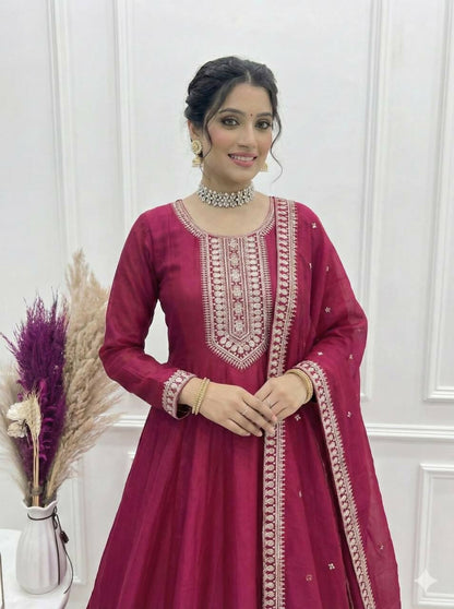 The52 Women's Gorgeous Embroidery Work Vichitra SIlk Fabric Flared Anarkali Dupatta Set-Dark Pink
