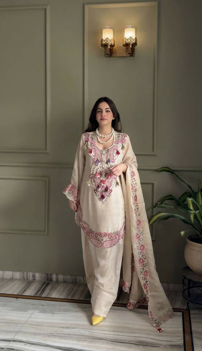 Teeya Creation Off-White Silk Pakistani Suit With Pink Embroidery And Dupatta Set
