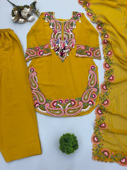 Teeya Creation New Women's Elegant Yellow Straight Cut Suit with Heavy Neckline Embroidery
