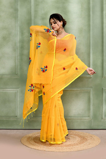 Piyari Fashion Women's Yellow Embellished Cotton Blend Embroidery Saree