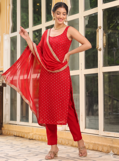 Teeya Creation Womens New Elegant Red Embroidered Kurti with Matching Bottom Set